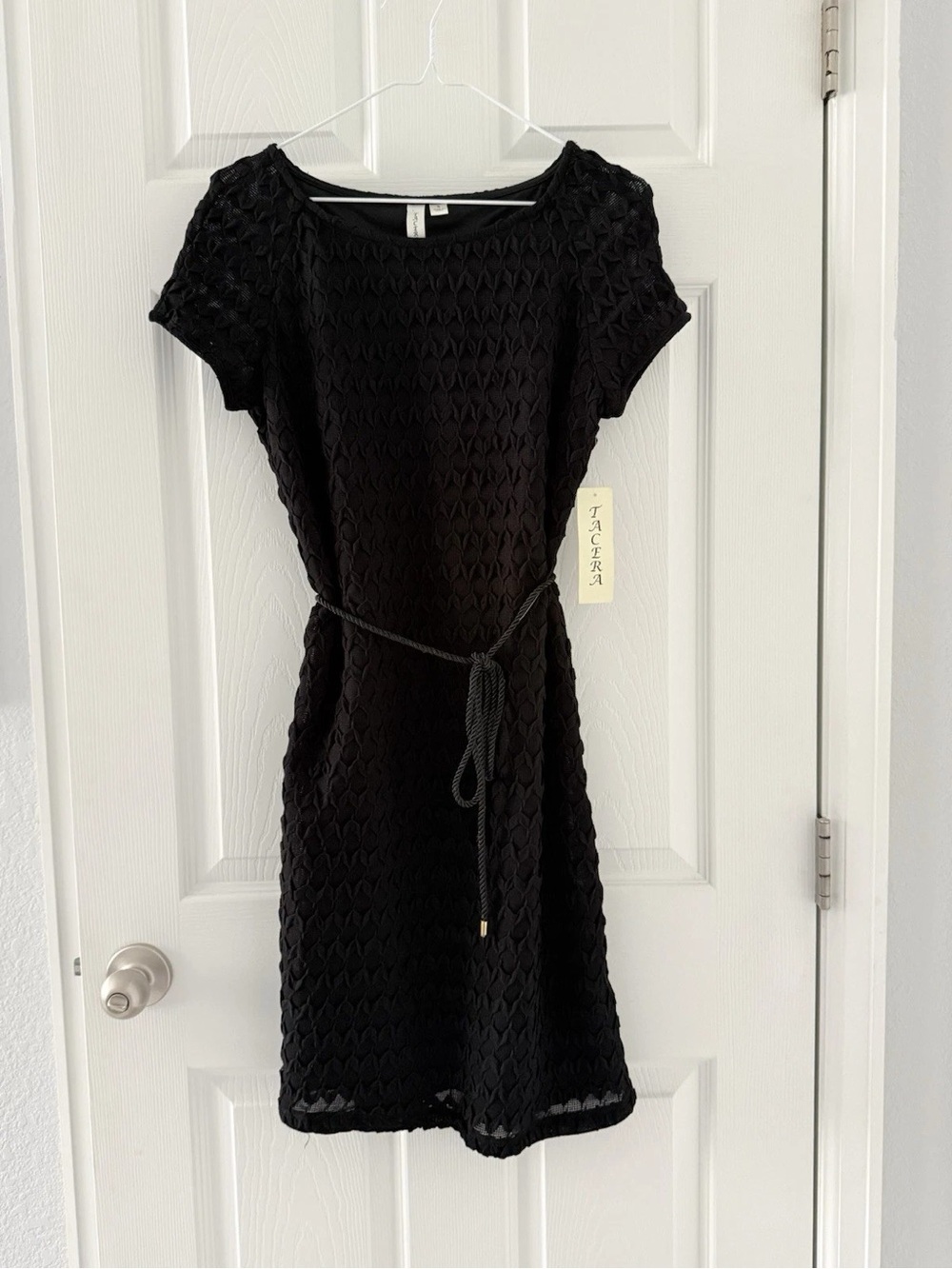 Tacera Black Textured Short-Sleeve Mini Dress with Braided Tie